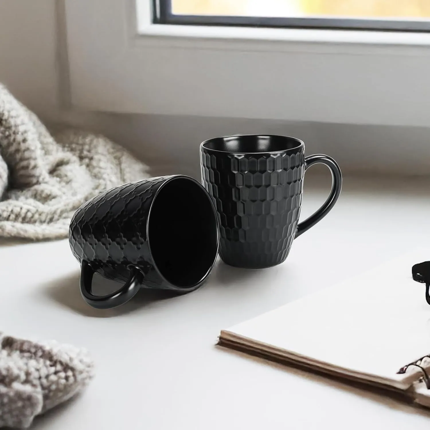 16 OZ Bone Coffee Mugs Set of 6 Matte Black, Large Ceramic Coffee Mugs Set with Different Texture Patterns, Porcelain Cups with Handle for Espresso Latte Tea Milk