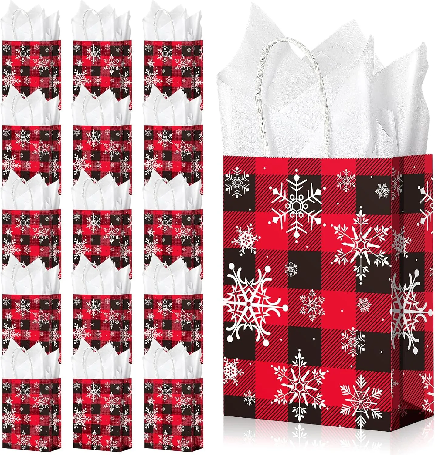 16Pack Christmas Snowflake Party Gift Bags - Red Black Buffalo Plaid Treat Bags With White Tissue, Kraft Paper Goodie Bag With Handles for New Year Holiday Party Favors Supplies
