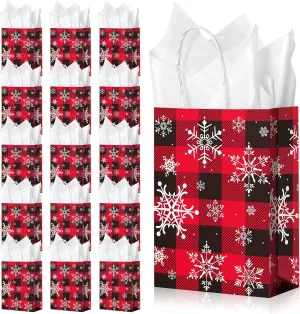 16Pack Christmas Snowflake Party Gift Bags - Red Black Buffalo Plaid Treat Bags With White Tissue, Kraft Paper Goodie Bag With Handles for New Year Holiday Party Favors Supplies