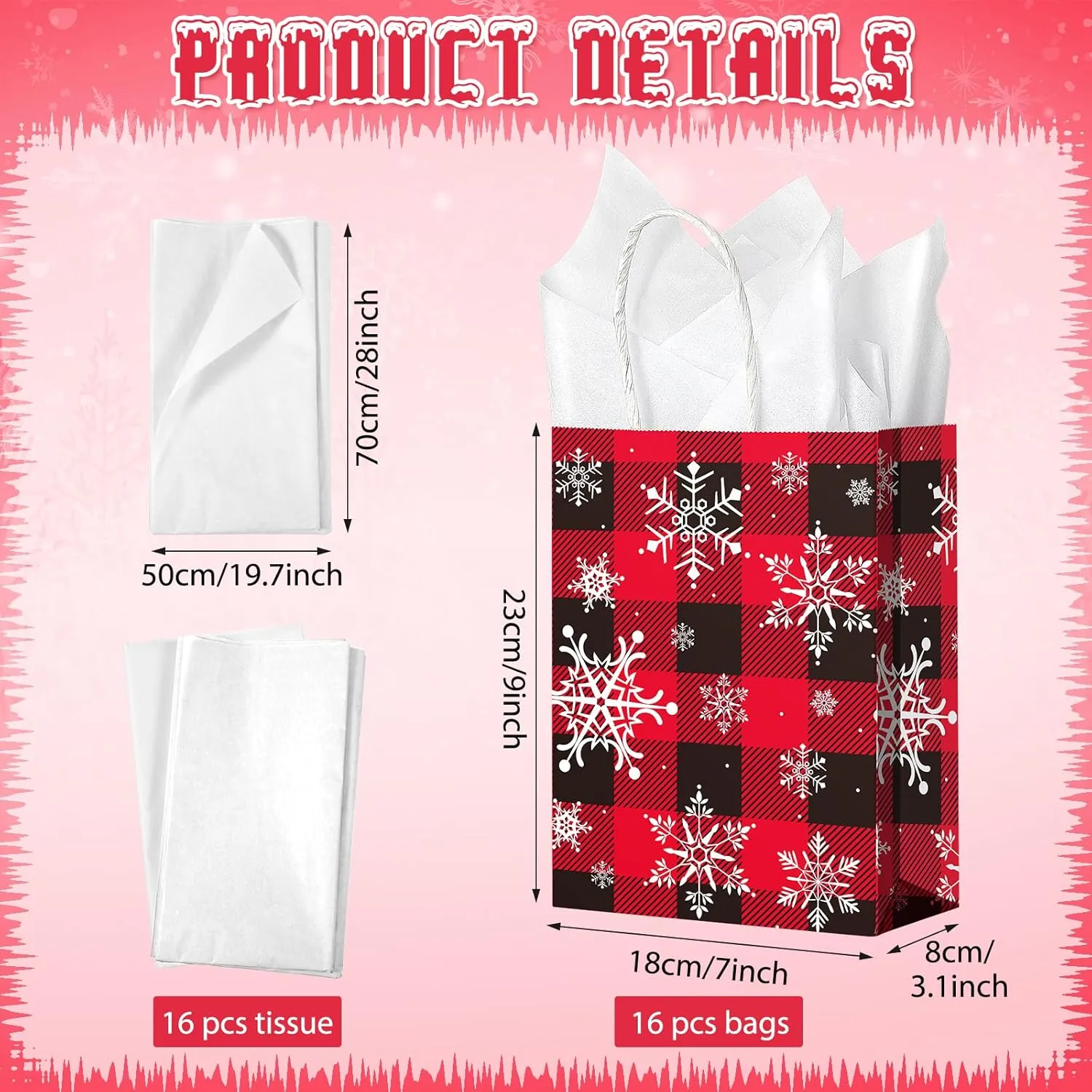 16Pack Christmas Snowflake Party Gift Bags - Red Black Buffalo Plaid Treat Bags With White Tissue, Kraft Paper Goodie Bag With Handles for New Year Holiday Party Favors Supplies