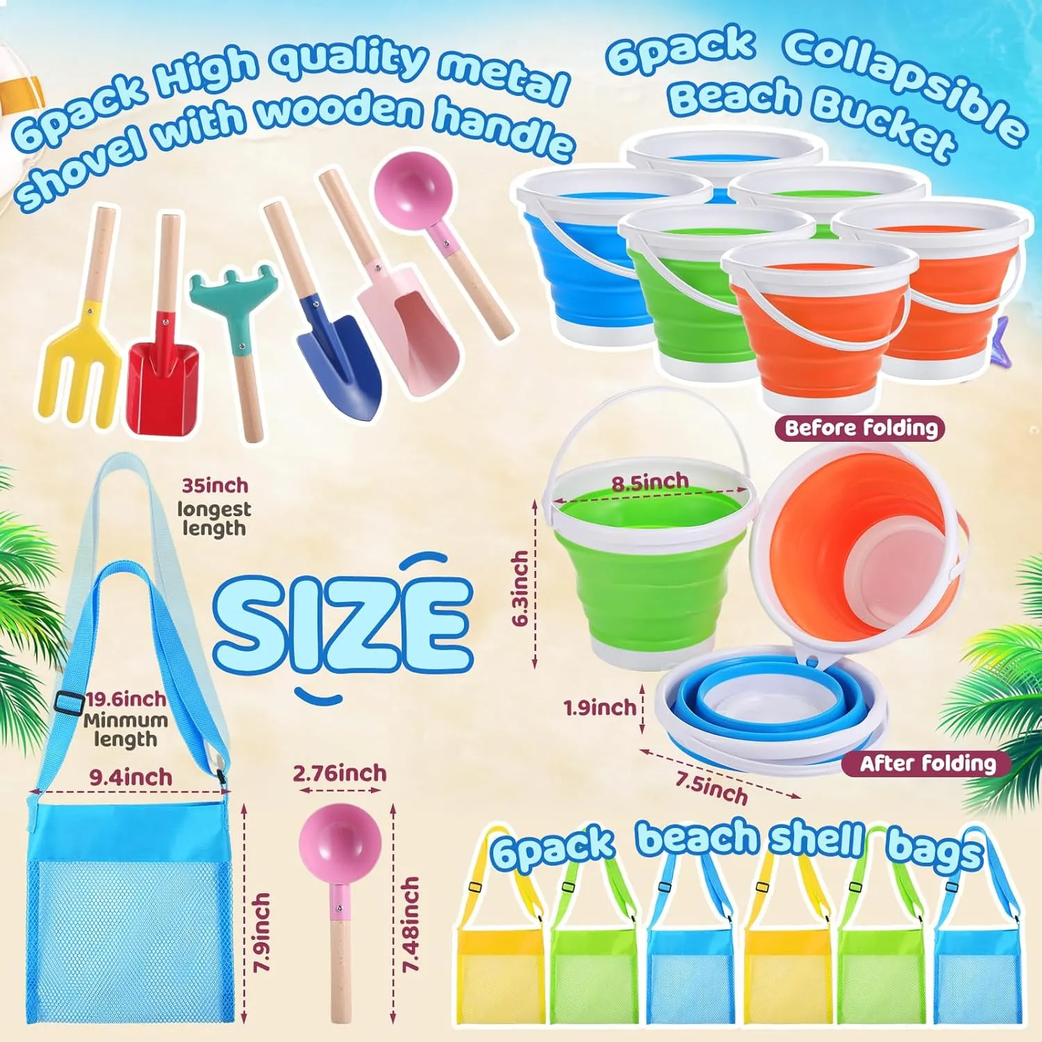 18 Pcs Collapsible Beach Toys Collapsible Sand Bucket Seashell Bags Beach Tools Metal Garden Tools Cylinder Spoon Fork Rake Flat and Pointed Shovel(3 Colors,Classic)