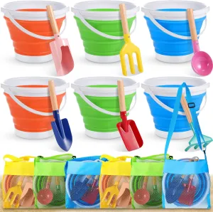18 Pcs Collapsible Beach Toys Collapsible Sand Bucket Seashell Bags Beach Tools Metal Garden Tools Cylinder Spoon Fork Rake Flat and Pointed Shovel(3 Colors,Classic)