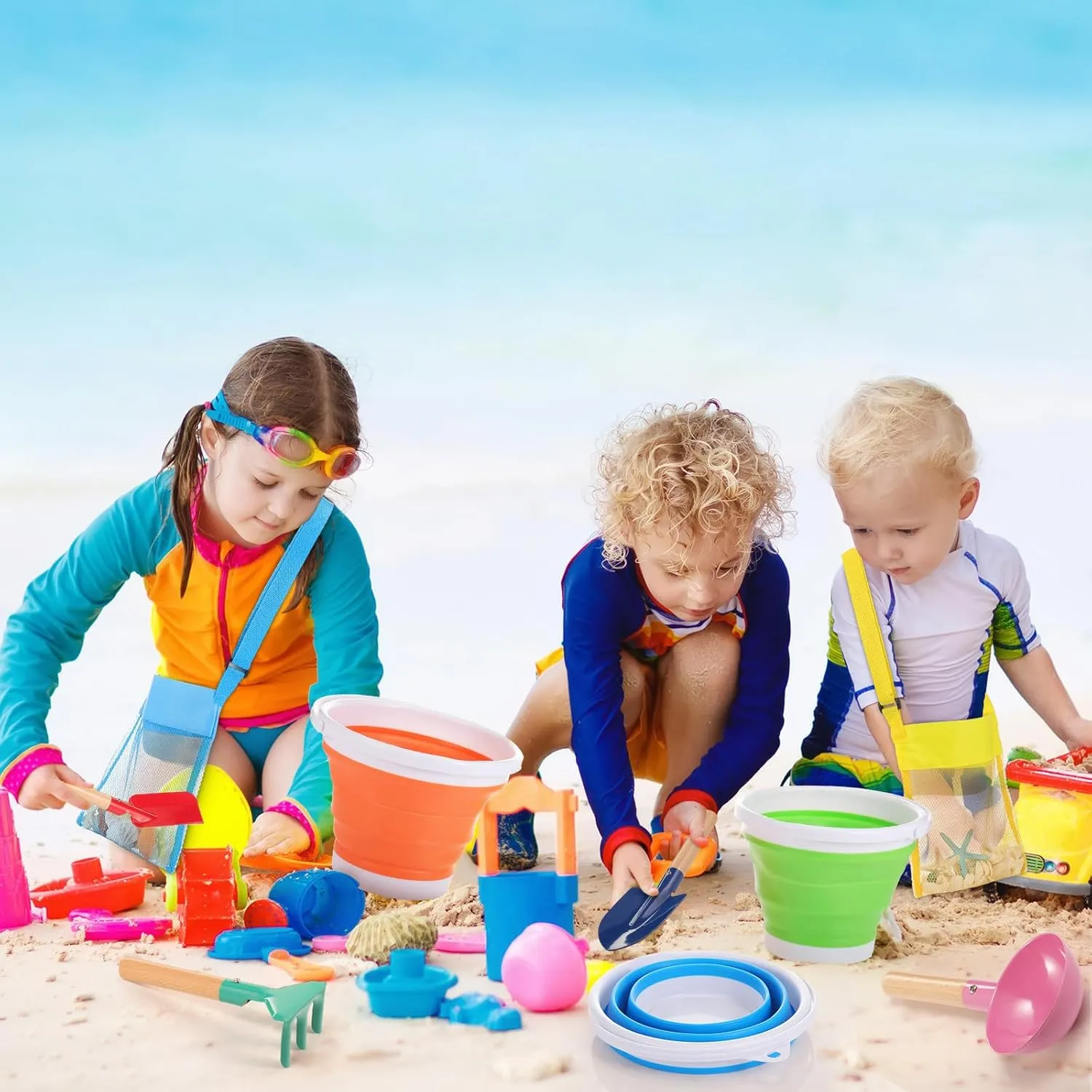 18 Pcs Collapsible Beach Toys Collapsible Sand Bucket Seashell Bags Beach Tools Metal Garden Tools Cylinder Spoon Fork Rake Flat and Pointed Shovel(3 Colors,Classic)