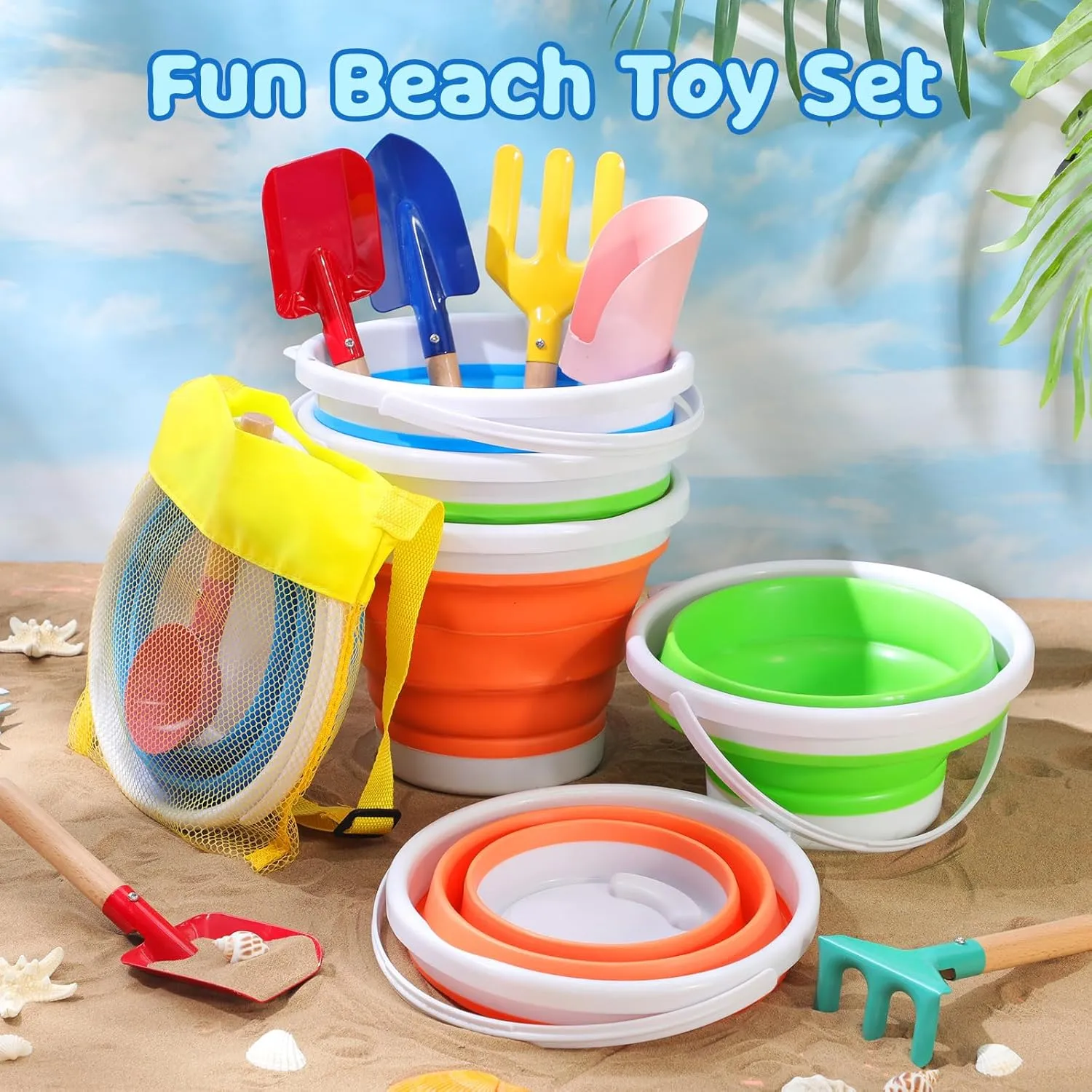 18 Pcs Collapsible Beach Toys Collapsible Sand Bucket Seashell Bags Beach Tools Metal Garden Tools Cylinder Spoon Fork Rake Flat and Pointed Shovel(3 Colors,Classic)