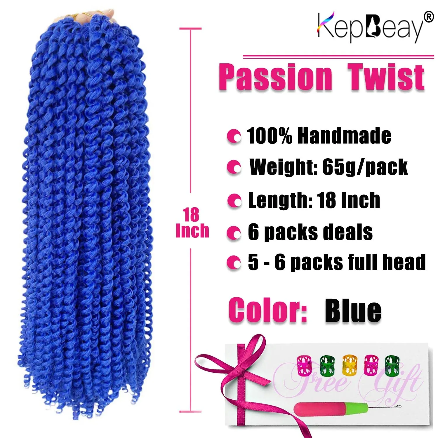 18Inch Passion Twist Hair 6Packs Passion Twist Crochet Hair Water Wave Crochet Hair (18 Inch (Pack of 6), Blue) …