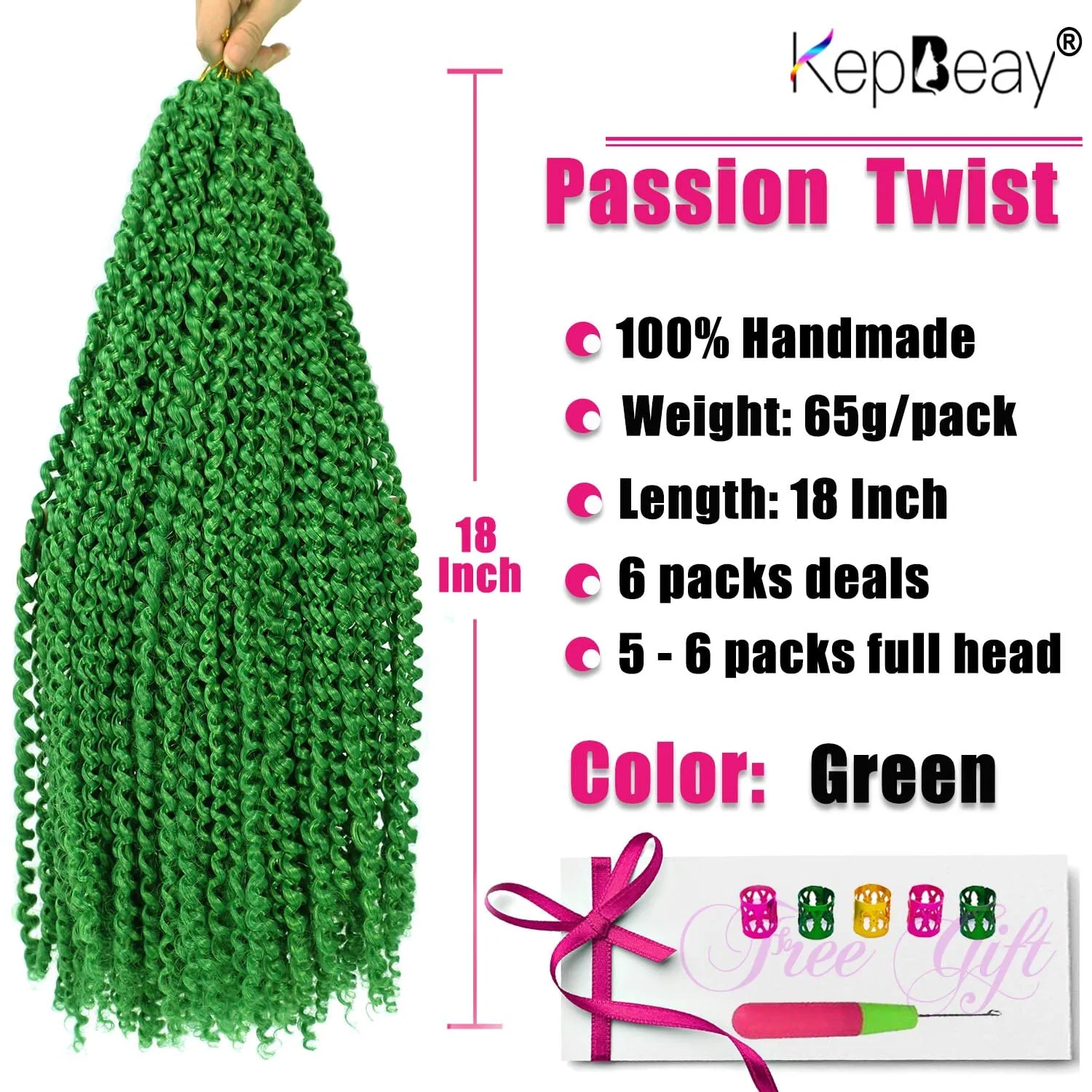 18Inch Passion Twist Hair 6Packs Passion Twist Crochet Hair Water Wave Crochet Hair (18Inch Pack of 6), Green) …