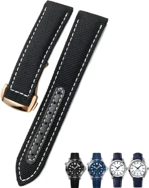 19mm 20mm Woven Nylon Watch Strap Black Blue Deployment Buckle Leather Watch Bands For Omega AT150 AQUA TERRA Seamaster Tissot