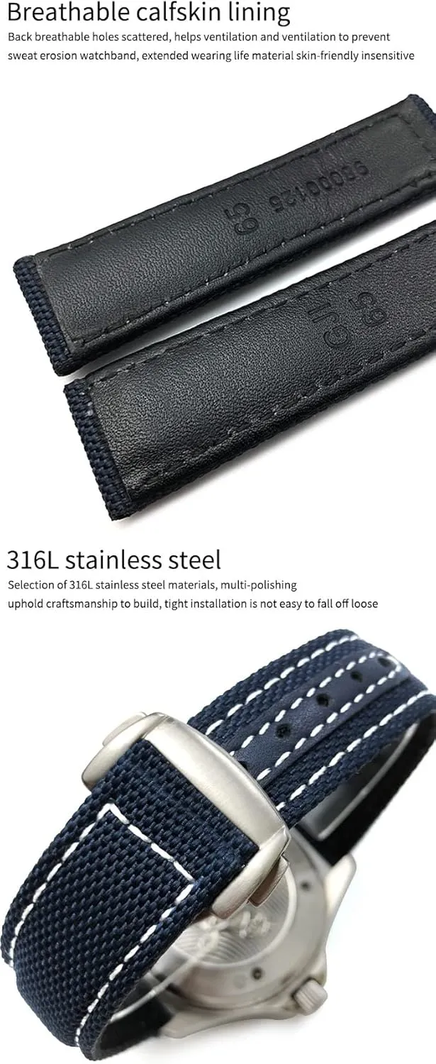 19mm 20mm Woven Nylon Watch Strap Black Blue Deployment Buckle Leather Watch Bands For Omega AT150 AQUA TERRA Seamaster Tissot