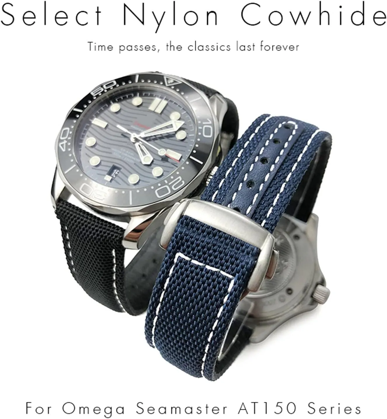 19mm 20mm Woven Nylon Watch Strap Black Blue Deployment Buckle Leather Watch Bands For Omega AT150 AQUA TERRA Seamaster Tissot