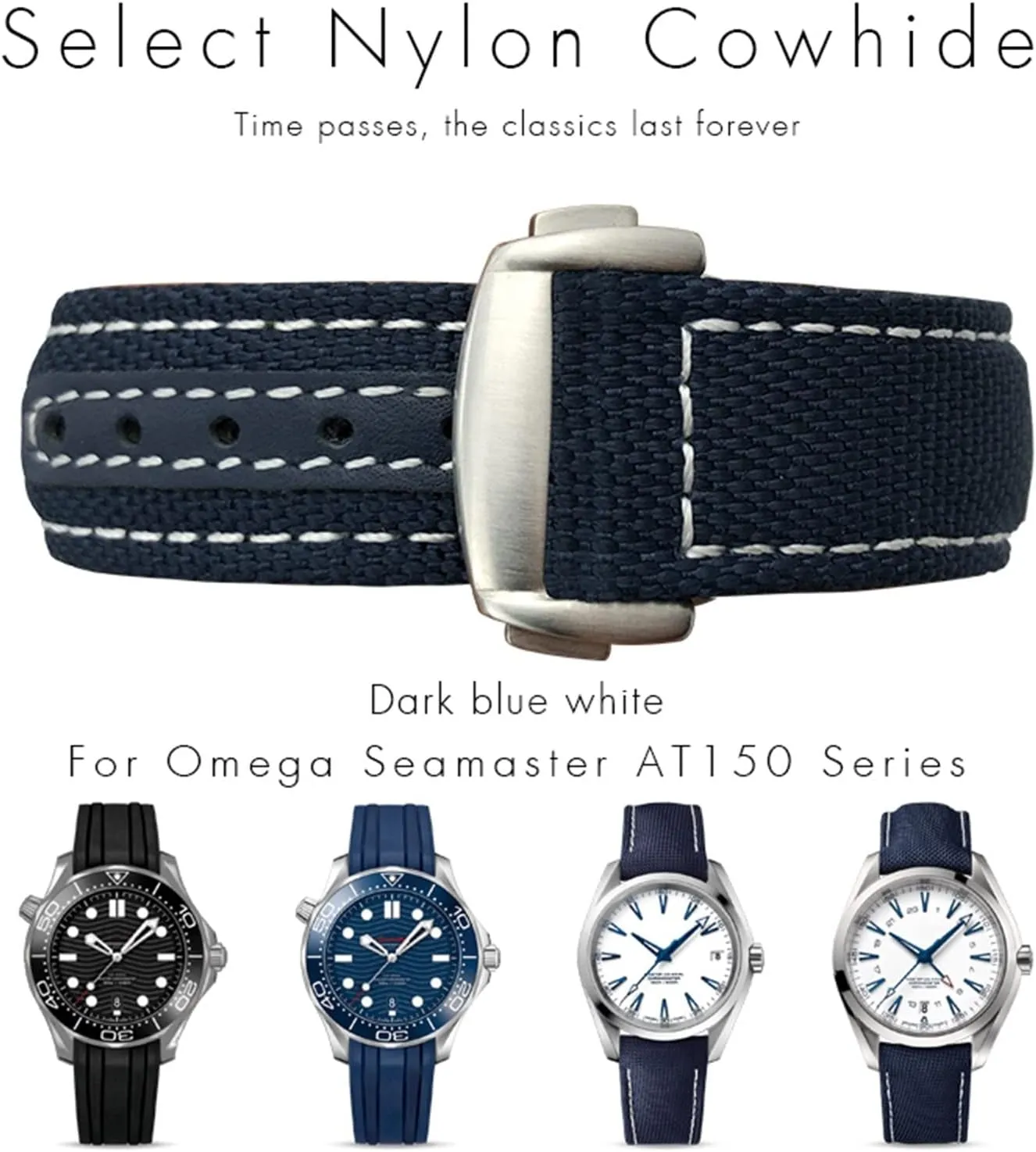19mm 20mm Woven Nylon Watch Strap Black Blue Deployment Buckle Leather Watch Bands For Omega AT150 AQUA TERRA Seamaster Tissot