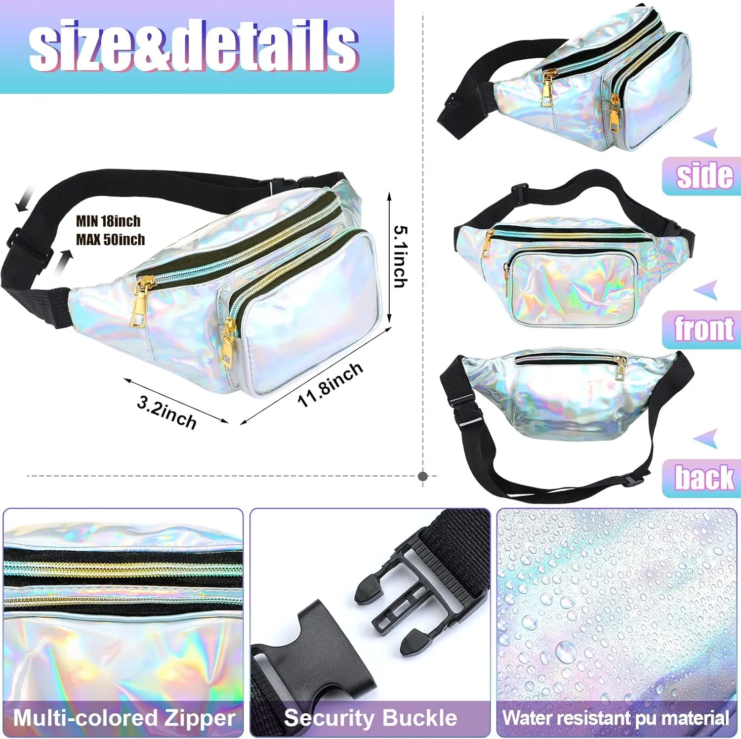 2 Pieces Holographic Fanny Pack Neon 80s Party Belt Bags Festival Neon Shiny Beach Bag with Adjustable Belt for Women Men(White, Pink)