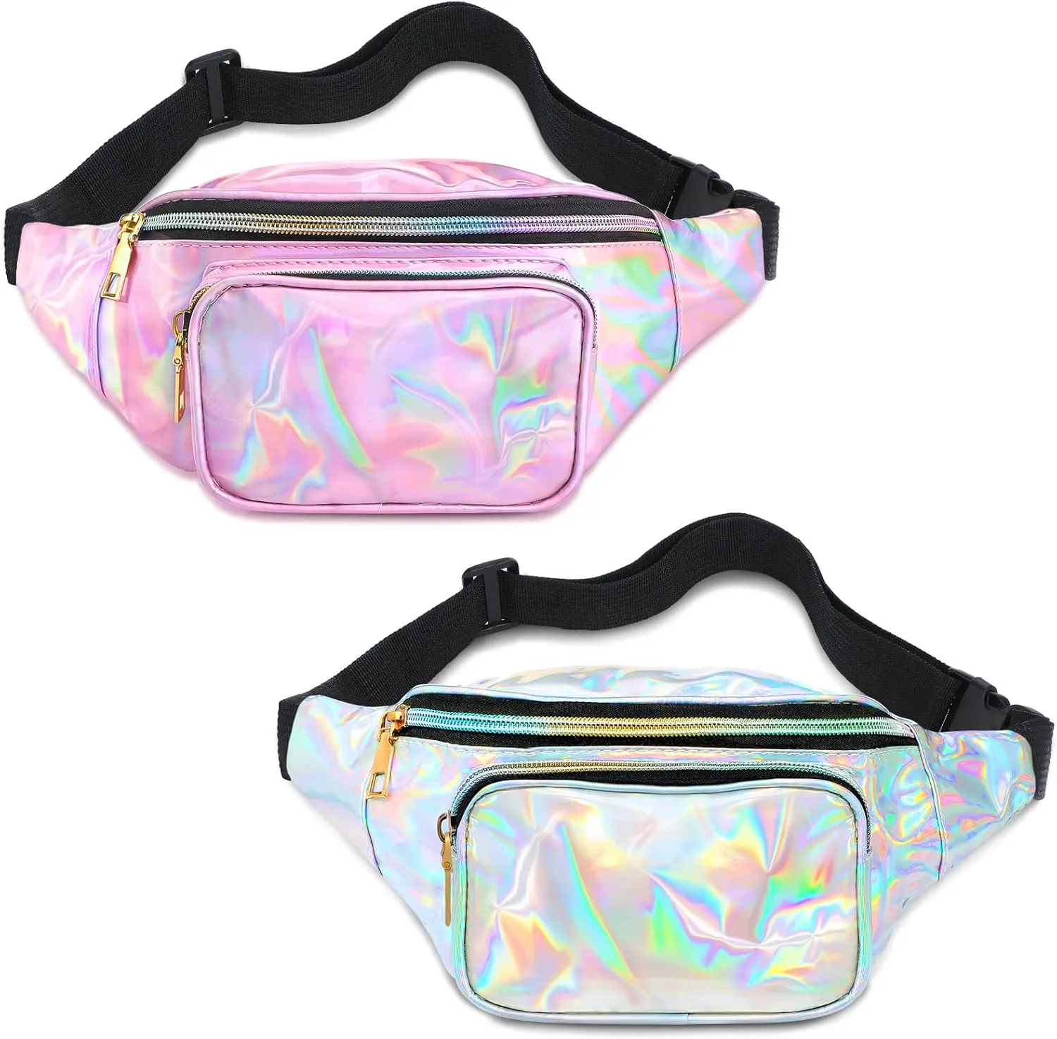 2 Pieces Holographic Fanny Pack Neon 80s Party Belt Bags Festival Neon Shiny Beach Bag with Adjustable Belt for Women Men(White, Pink)