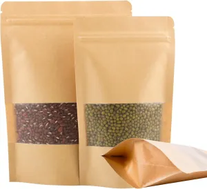 200PCS Kraft Paper Bags with Window, 4.7x7.9 & 6.3x8.7 Resealable Bags Set for Food Storage, Reusable Stand Up Cookie Bag with Zipper, Sealable Paper Bag for Small Business