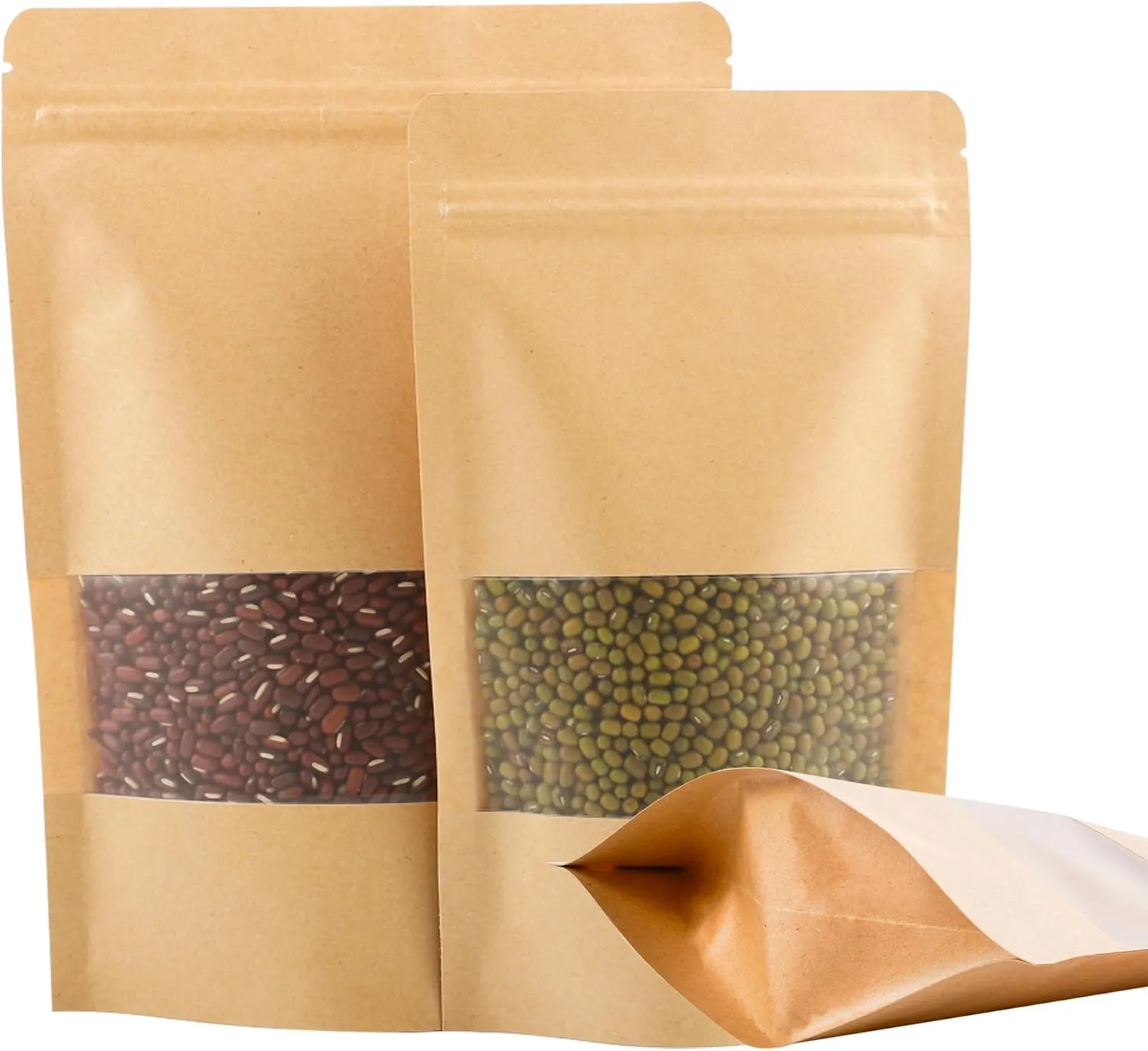 200PCS Kraft Paper Bags with Window, 4.7x7.9 & 6.3x8.7 Resealable Bags Set for Food Storage, Reusable Stand Up Cookie Bag with Zipper, Sealable Paper Bag for Small Business