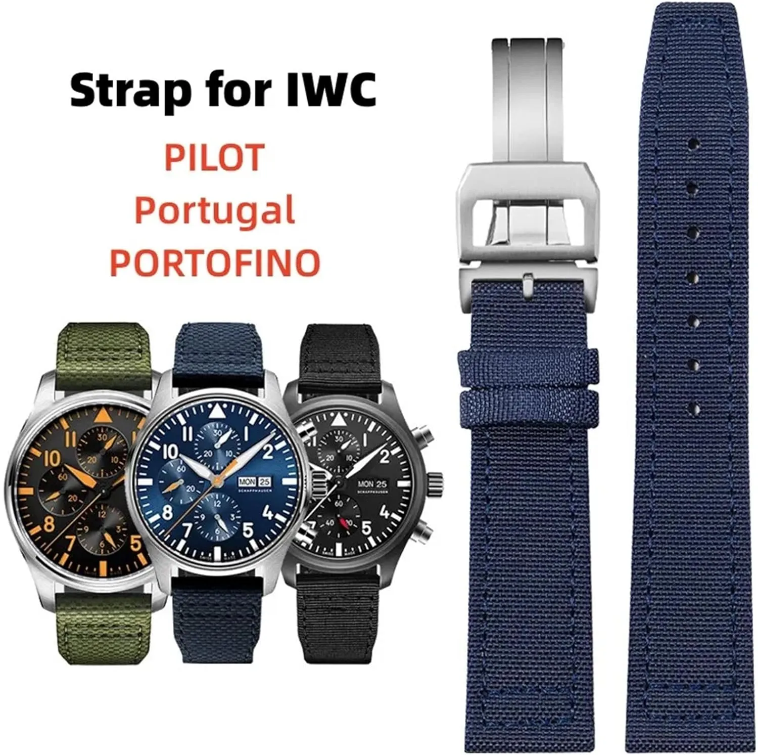 20mm 21mm 22mm Nylon Canvas Watchband for IWC PILOT Portugal PORTOFINO Fabric Watch Strap Folding Buckle Cowhide Leather Belt