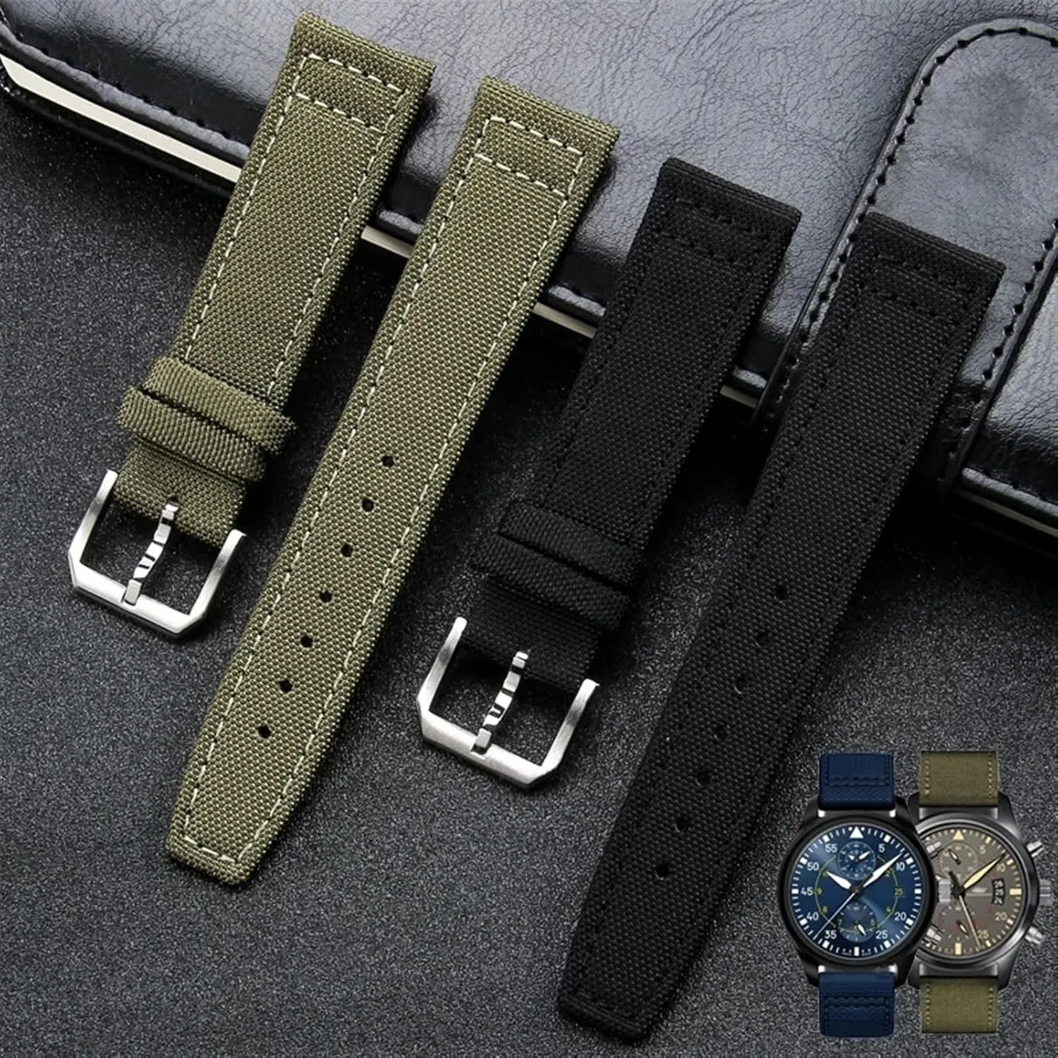 20mm 21mm 22mm Nylon Canvas Watchband for IWC PILOT Portugal PORTOFINO Fabric Watch Strap Folding Buckle Cowhide Leather Belt