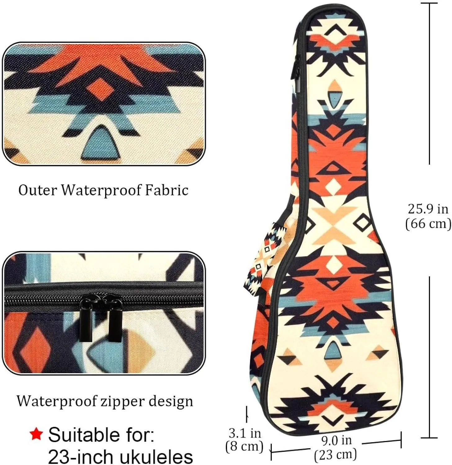 23 Inch Concert Ukulele Case Ethnic Western Boho Geometric Pattern Ukulele Padded Bag with Storage and Shoulder Straps