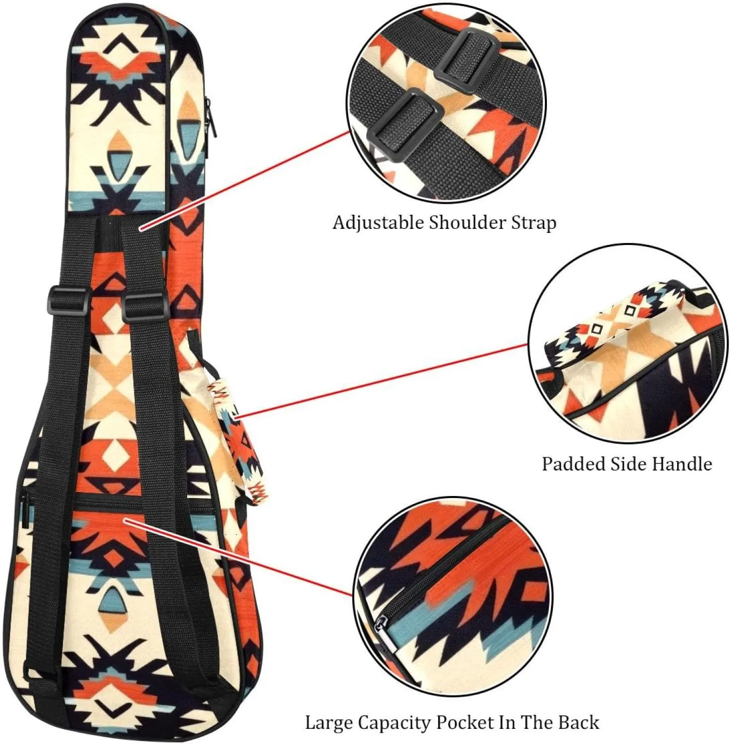 23 Inch Concert Ukulele Case Ethnic Western Boho Geometric Pattern Ukulele Padded Bag with Storage and Shoulder Straps