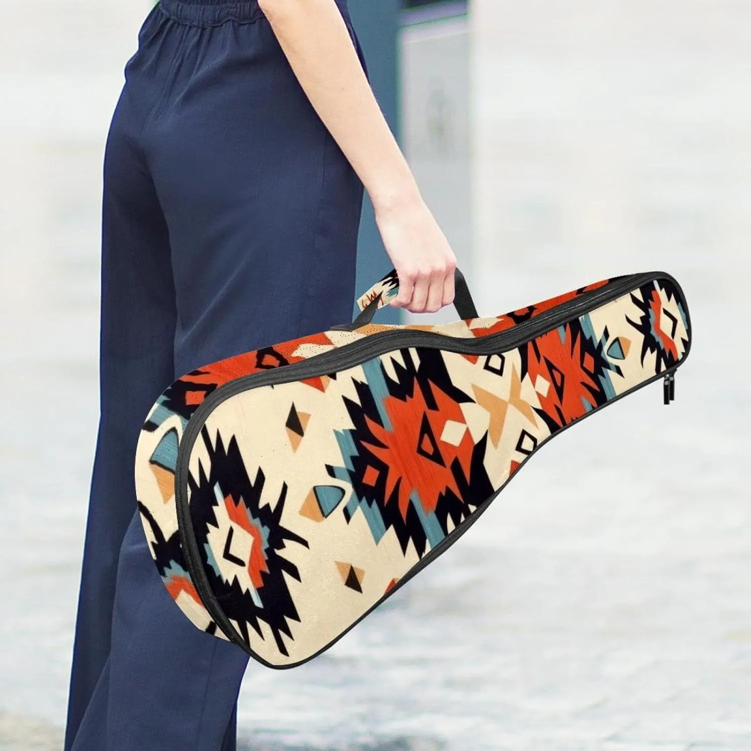 23 Inch Concert Ukulele Case Ethnic Western Boho Geometric Pattern Ukulele Padded Bag with Storage and Shoulder Straps