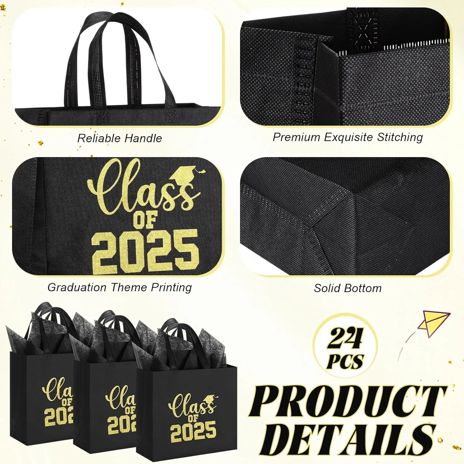 24 Sets Graduation Gift Bags Bulk Reusable Non Woven Class of 2025 Tote Bag with Handle Tissue Paper Graduation Party Favors for College High School Decoration(Black,12.2 x 11.02 x 4.72 Inch)