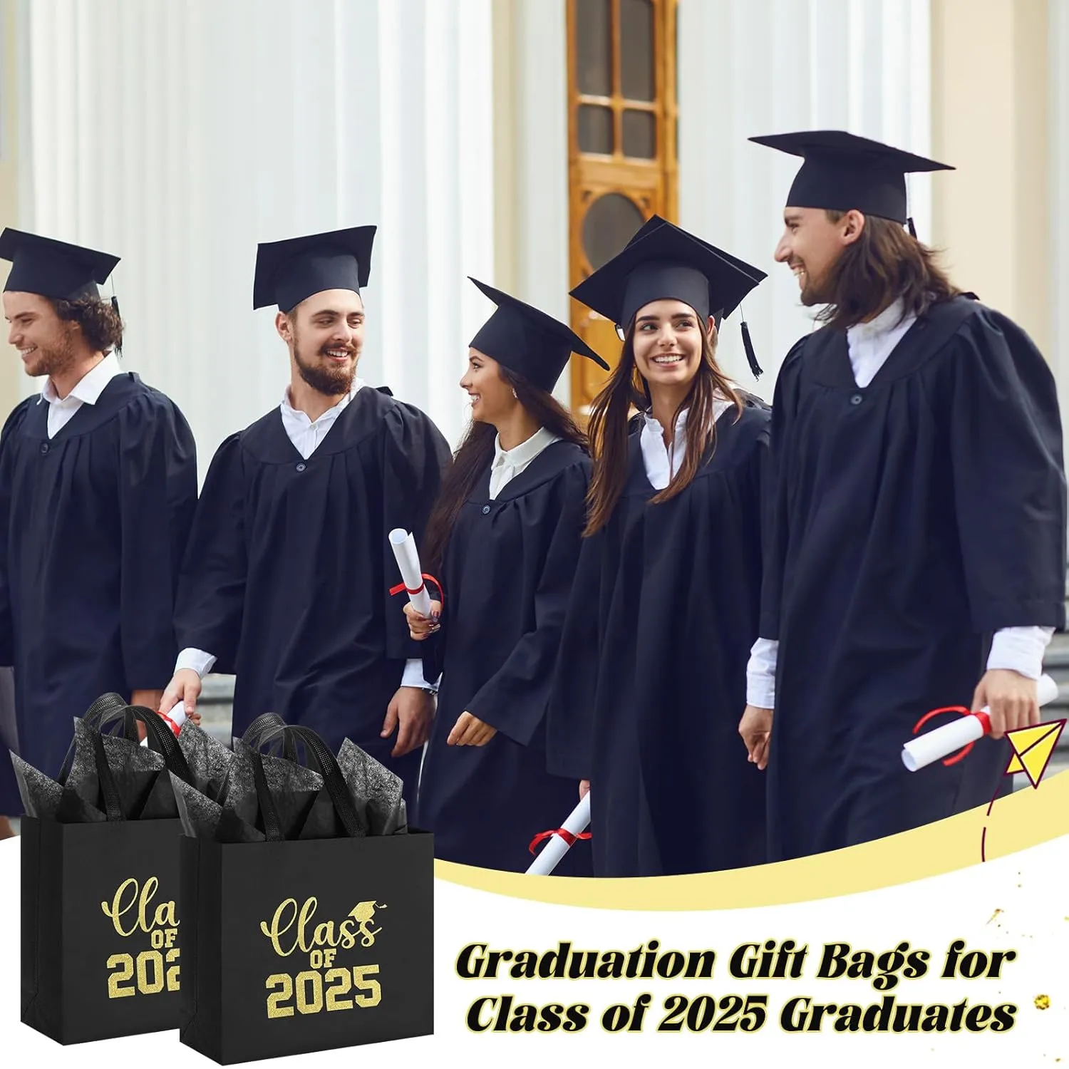 24 Sets Graduation Gift Bags Bulk Reusable Non Woven Class of 2025 Tote Bag with Handle Tissue Paper Graduation Party Favors for College High School Decoration(Black,12.2 x 11.02 x 4.72 Inch)