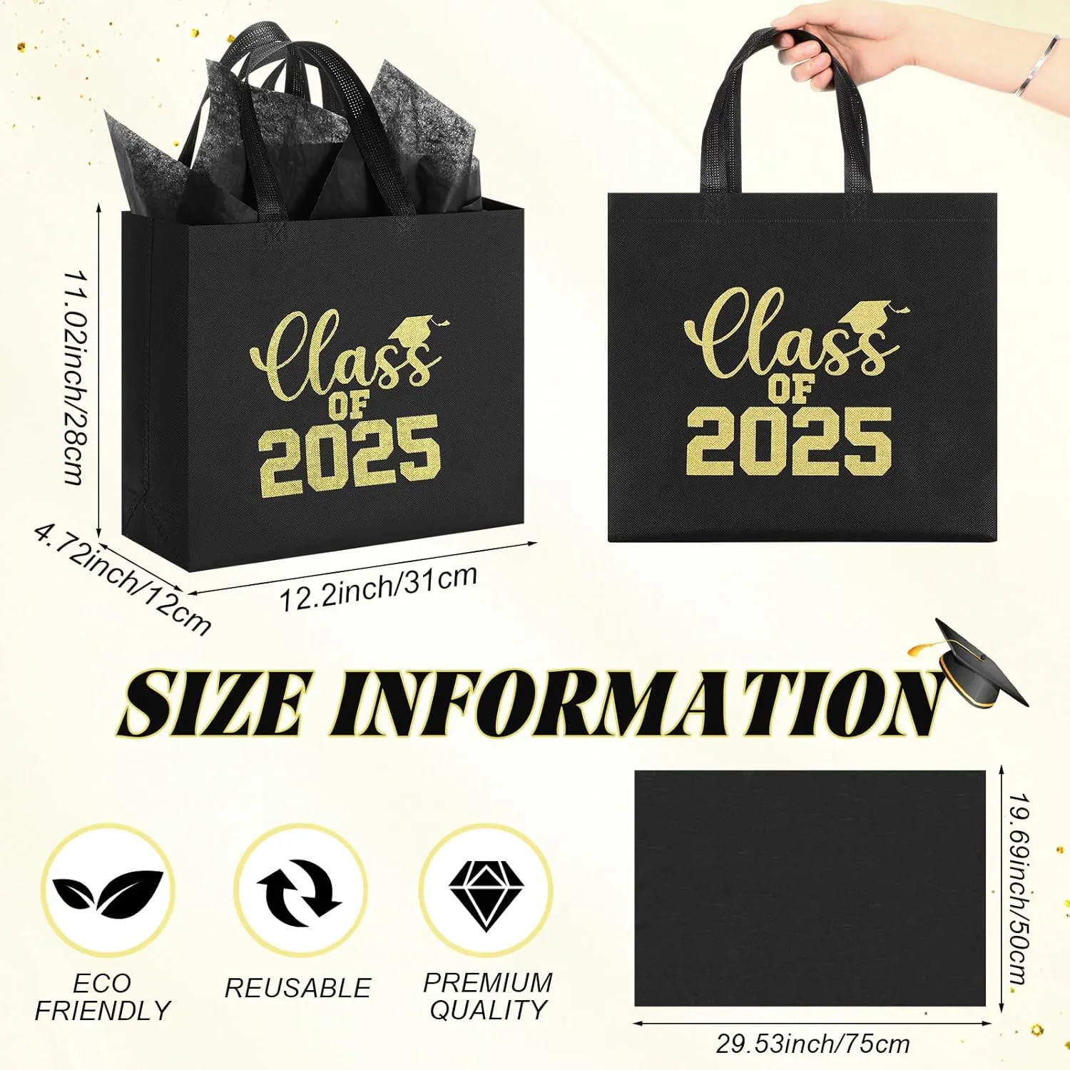 24 Sets Graduation Gift Bags Bulk Reusable Non Woven Class of 2025 Tote Bag with Handle Tissue Paper Graduation Party Favors for College High School Decoration(Black,12.2 x 11.02 x 4.72 Inch)