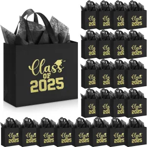 24 Sets Graduation Gift Bags Bulk Reusable Non Woven Class of 2025 Tote Bag with Handle Tissue Paper Graduation Party Favors for College High School Decoration(Black,12.2 x 11.02 x 4.72 Inch)