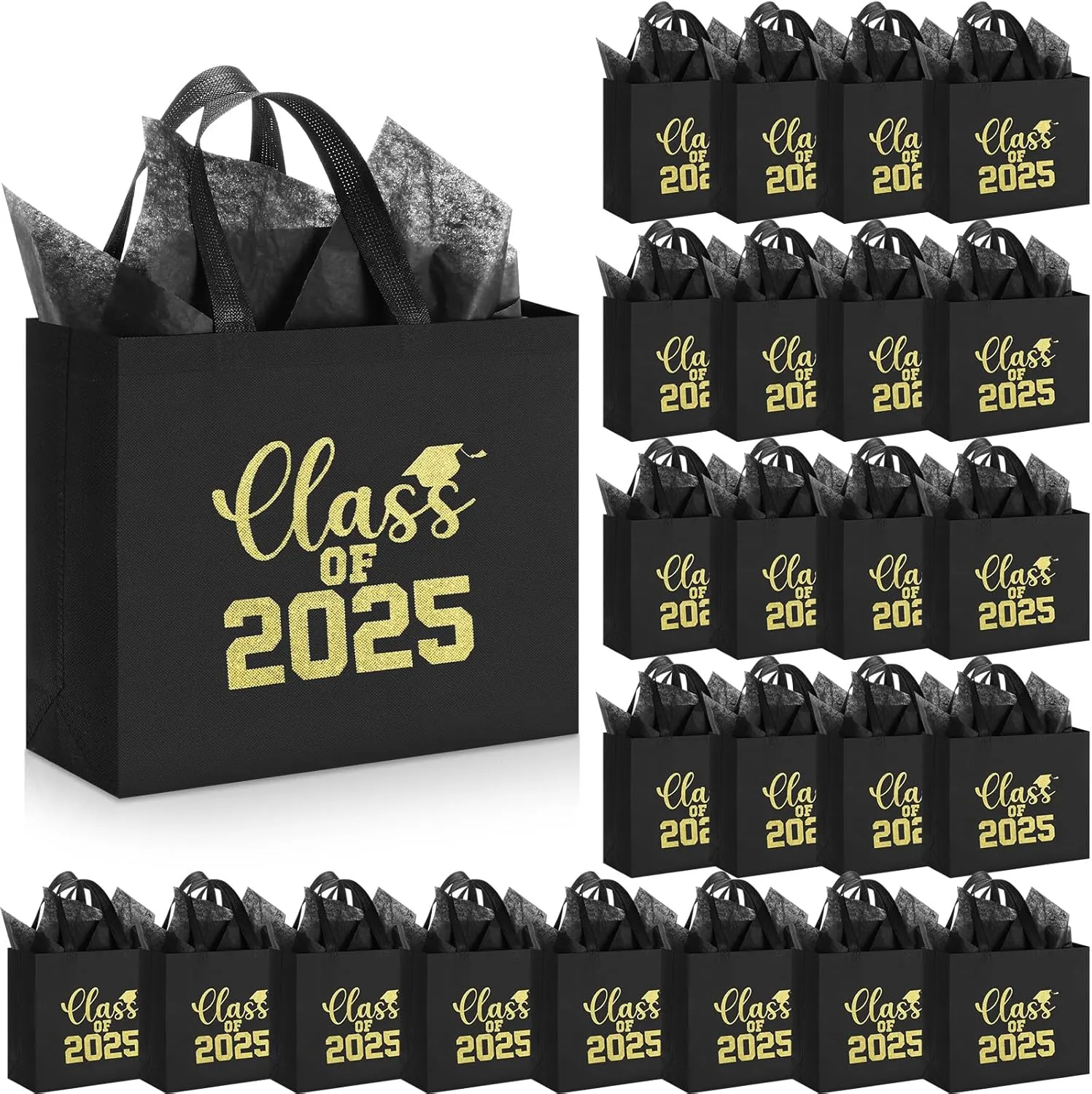 24 Sets Graduation Gift Bags Bulk Reusable Non Woven Class of 2025 Tote Bag with Handle Tissue Paper Graduation Party Favors for College High School Decoration(Black,12.2 x 11.02 x 4.72 Inch)