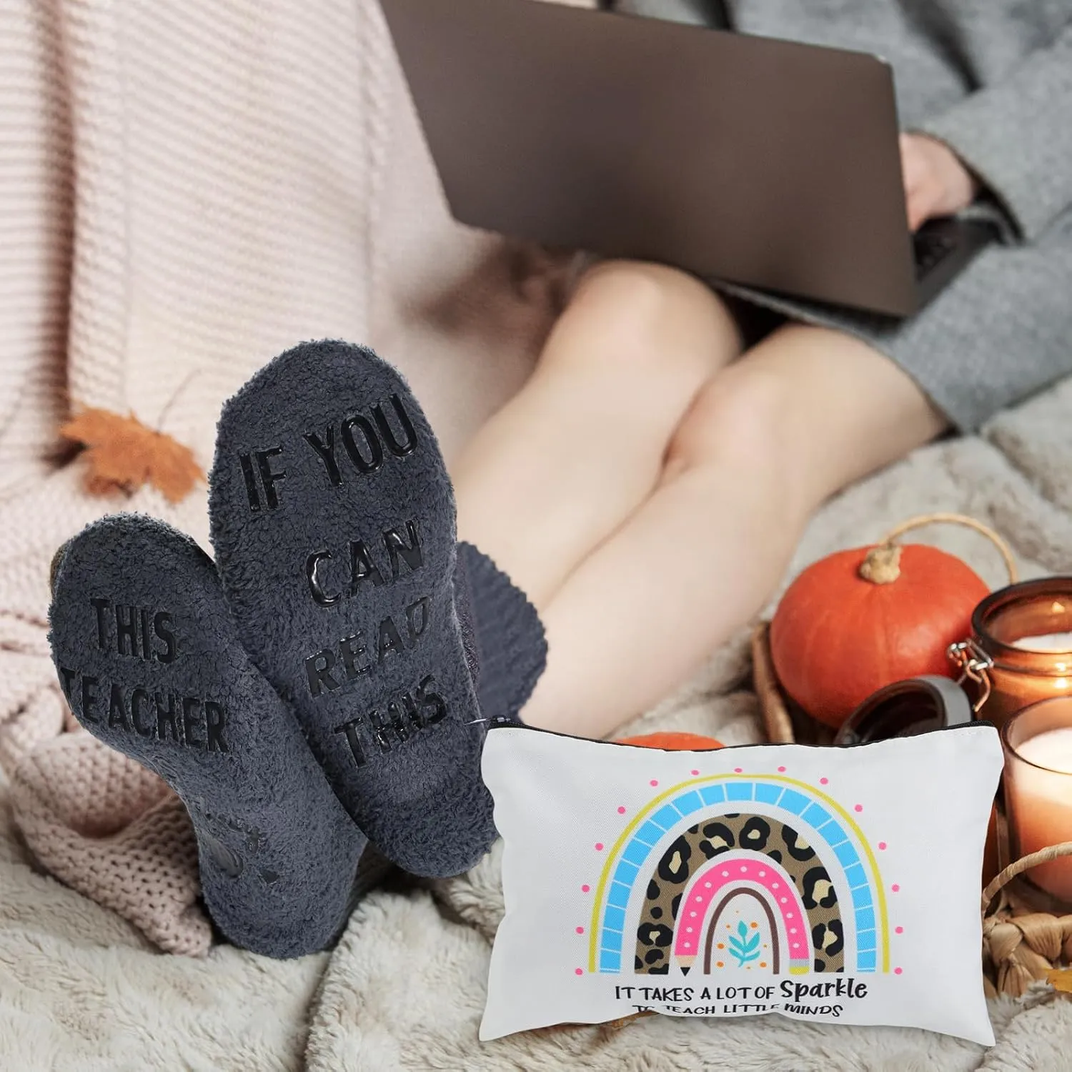 28 Pcs Teacher Appreciation Gifts If You Can Read This Teacher Socks 14 Style Teacher Makeup Bags for Graduation Teachers Day(Rainbow,Coral Fleece)
