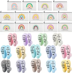 28 Pcs Teacher Appreciation Gifts If You Can Read This Teacher Socks 14 Style Teacher Makeup Bags for Graduation Teachers Day(Rainbow,Coral Fleece)
