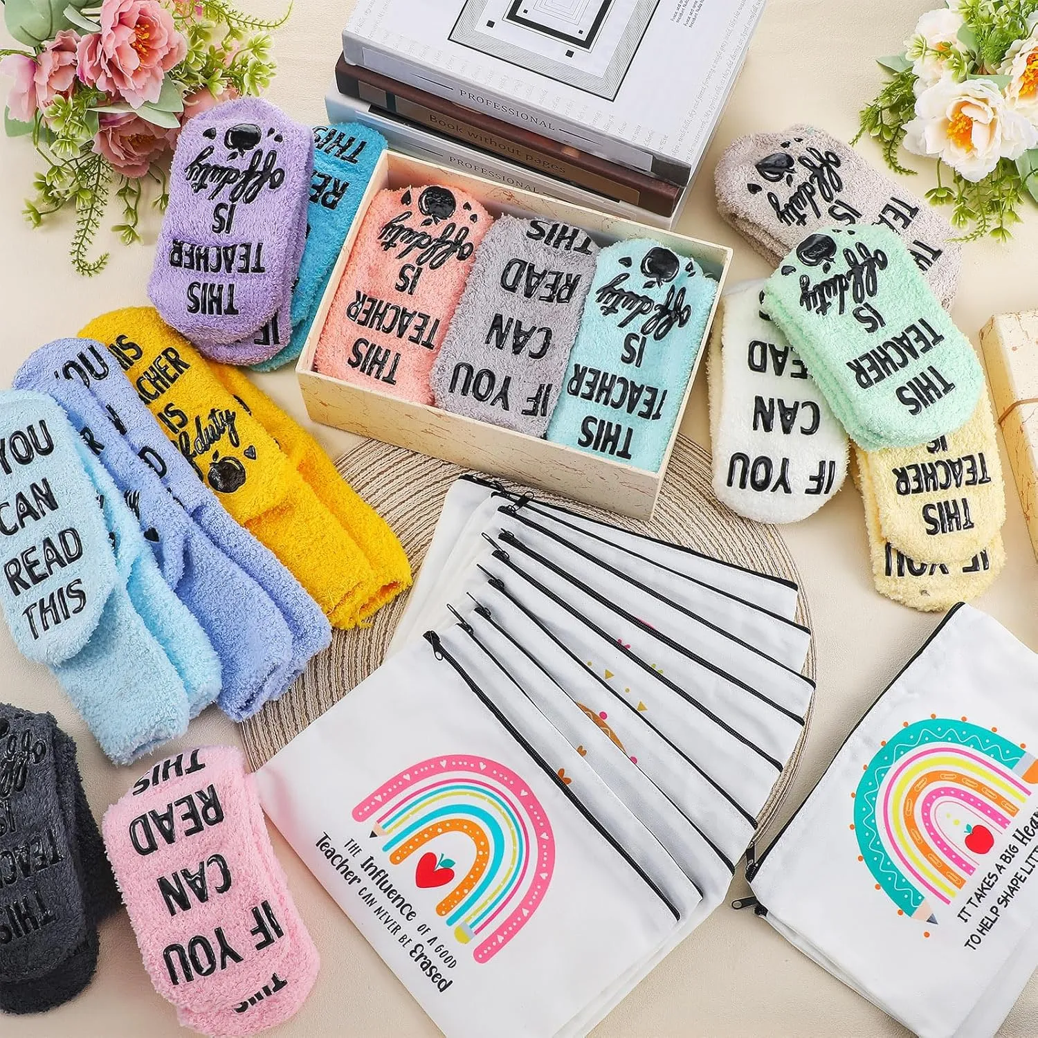 28 Pcs Teacher Appreciation Gifts If You Can Read This Teacher Socks 14 Style Teacher Makeup Bags for Graduation Teachers Day(Rainbow,Coral Fleece)
