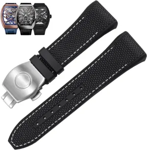 28mm Nylon Genuine Leather Silicone Watch band Black Blue Folding Buckle Watch Strap For Franck Muller V45 Series Watchbands