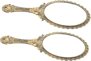 2pcs Vintage Makeup Mirror Carving Handle Portable Cosmetics Mirror for Home Travel Classic Embossed Design