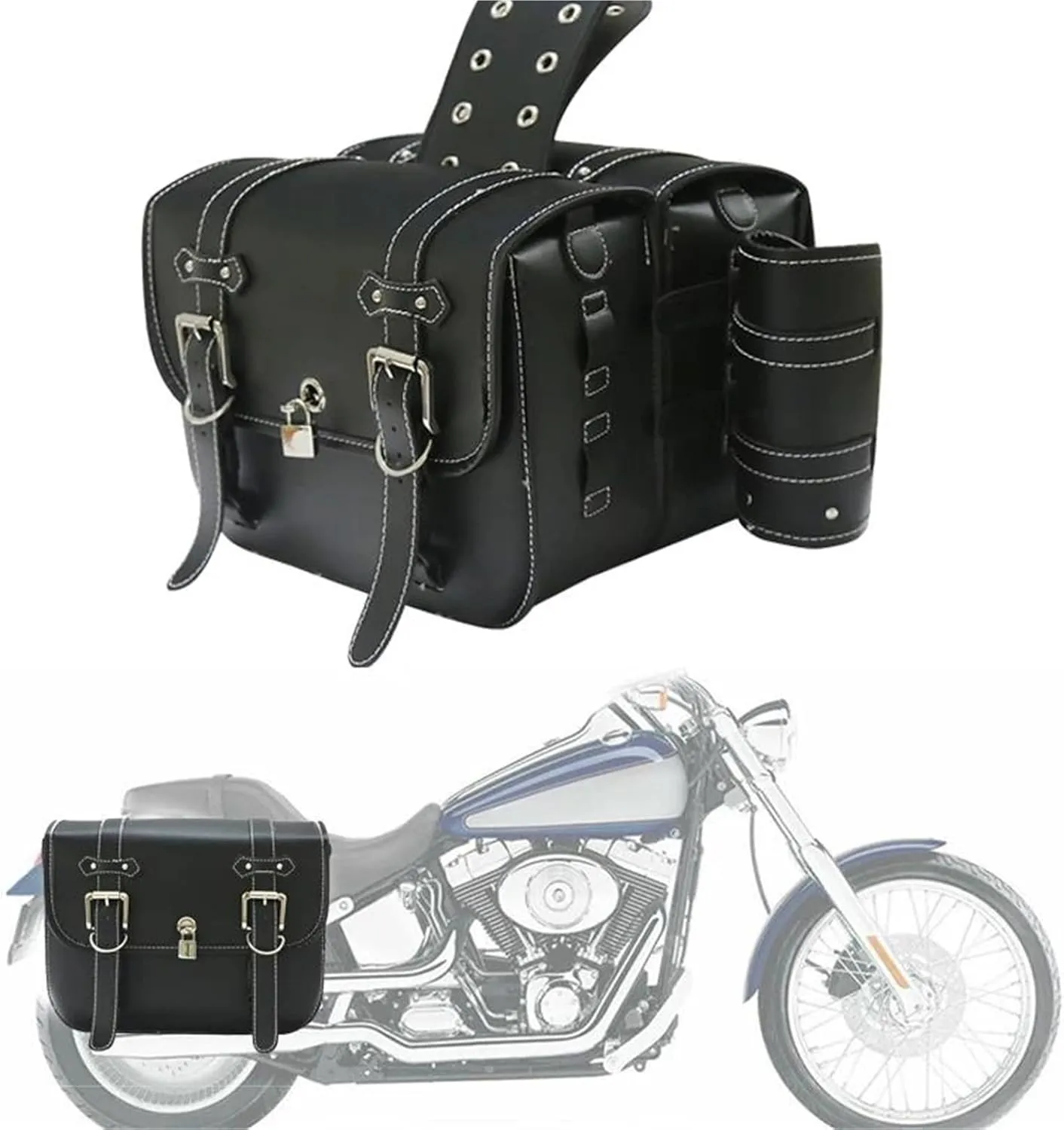 2X Motorcycle Saddlebag Leather Motorcycle Saddle Bags for Yam&aha Star VMAX(Black Brown A)