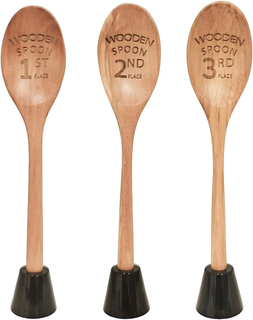 3 Pcs Chili Cook Off Trophies Set, Spoon Award Trophies Wooden, Laser Engraved Spoon with Wooden Trophy Base for Chili Cook Off Prizes Baking Contest Food Competition Party Supplies