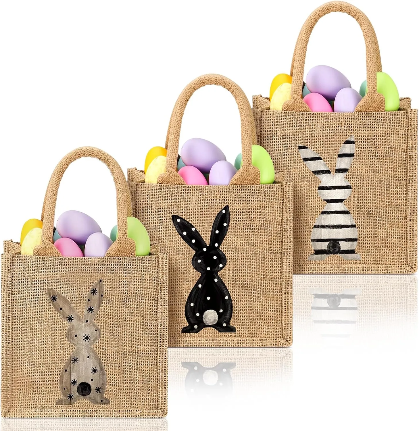 3 Pcs Easter Burlap Gifts Bags Bunny Linen Jute Bags with Handle Reusable Egg Hunt Tote Baskets Goodie Treat Basket for Kids DIY Easter Party Favors