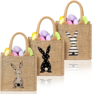 3 Pcs Easter Burlap Gifts Bags Bunny Linen Jute Bags with Handle Reusable Egg Hunt Tote Baskets Goodie Treat Basket for Kids DIY Easter Party Favors