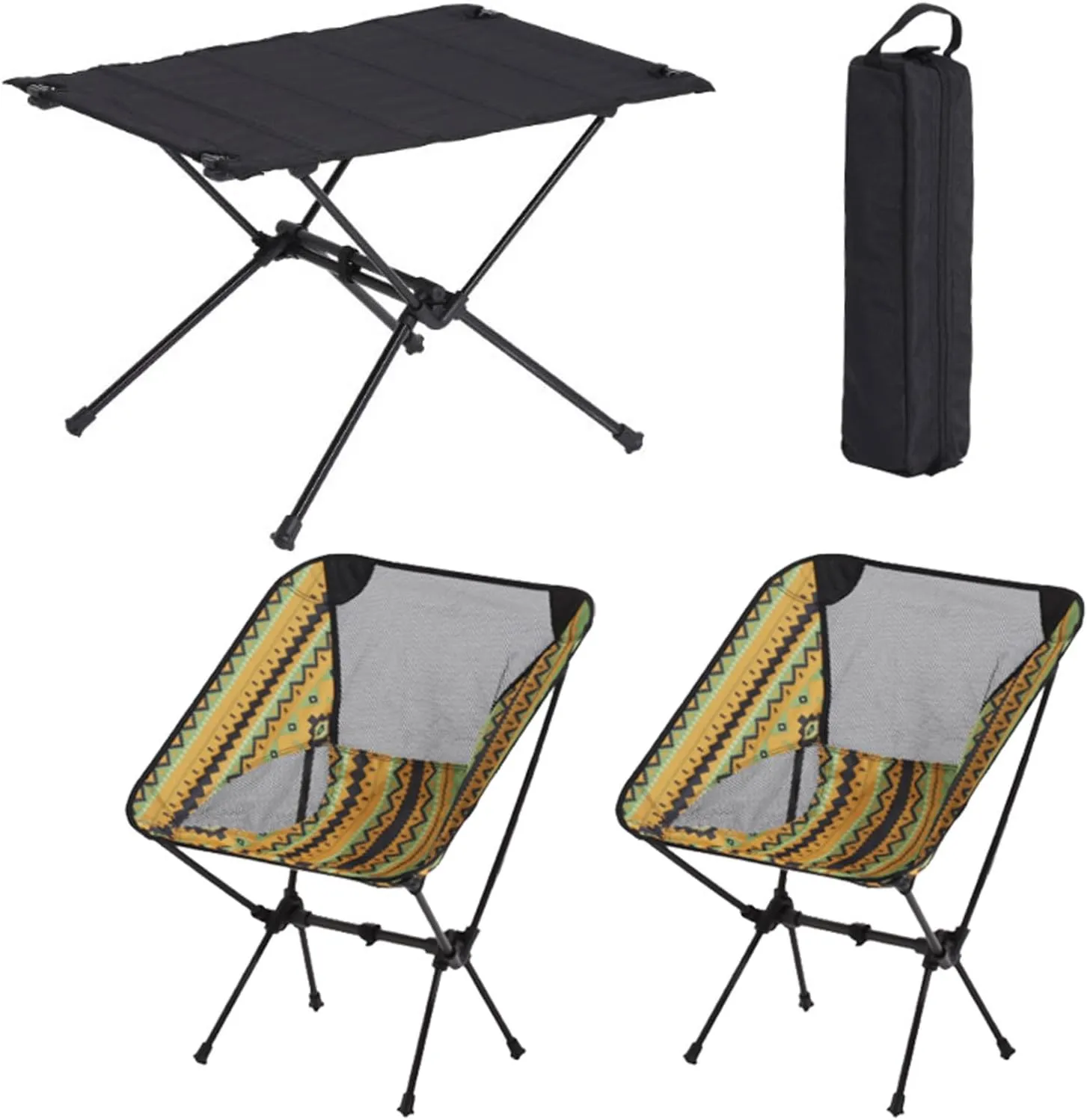 3 Pcs Portable Camping Table and Chairs, Light Outdoor Folding Table Small Compact Picnic Chairs Set, Oxford Cloth, Aluminum Alloy, Easy to Assemble, Black-Black-5PCS
