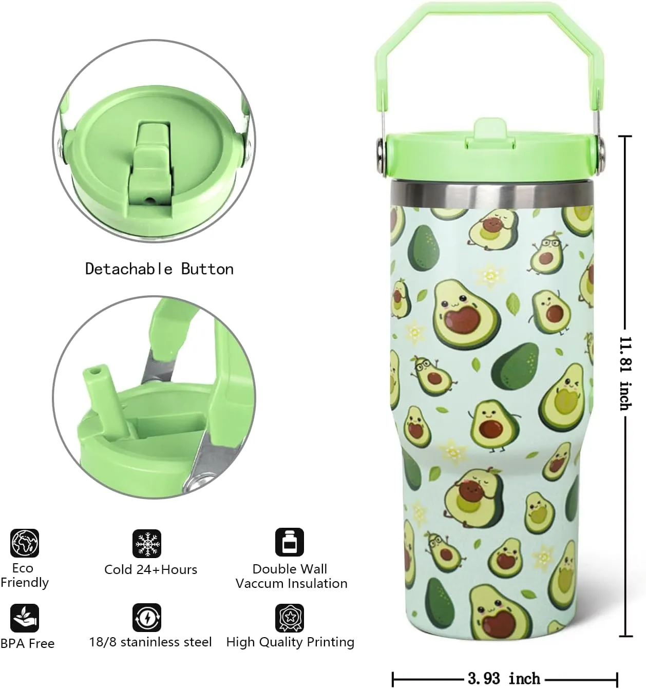 30 Oz Avocado Flip Tumbler With Handle,Avocado Coffee Travel Mug Cup Water Bottle,Avocado Gifts for Women,Avocado Decor Stuff Accessories