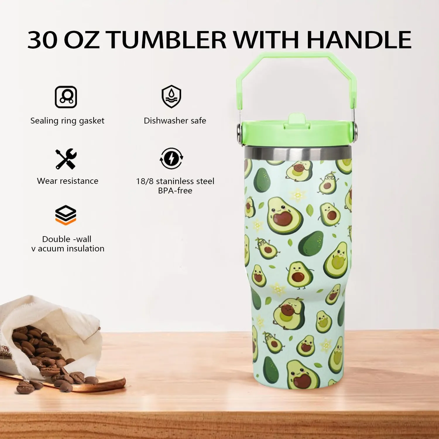 30 Oz Avocado Flip Tumbler With Handle,Avocado Coffee Travel Mug Cup Water Bottle,Avocado Gifts for Women,Avocado Decor Stuff Accessories