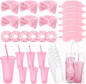 30 Pcs Spa Sleepover Party Supplies for Girls-6 Pink Headband 6 Plush Sleep Eye Mask 6 Velvet Scrunchies 6 Clear Cosmetic Bags 6 Reusable Glitter Cups for Slumber Birthday Favors Gifts