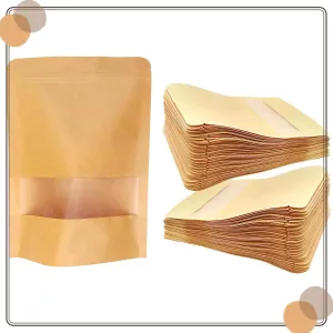 300 Pcs Kraft Bags with Window and Stand Up Paper Pouches Resealable Heat Sealable Bags Zip Lock Food Storage for Home or Office(6 x 4 Inch)