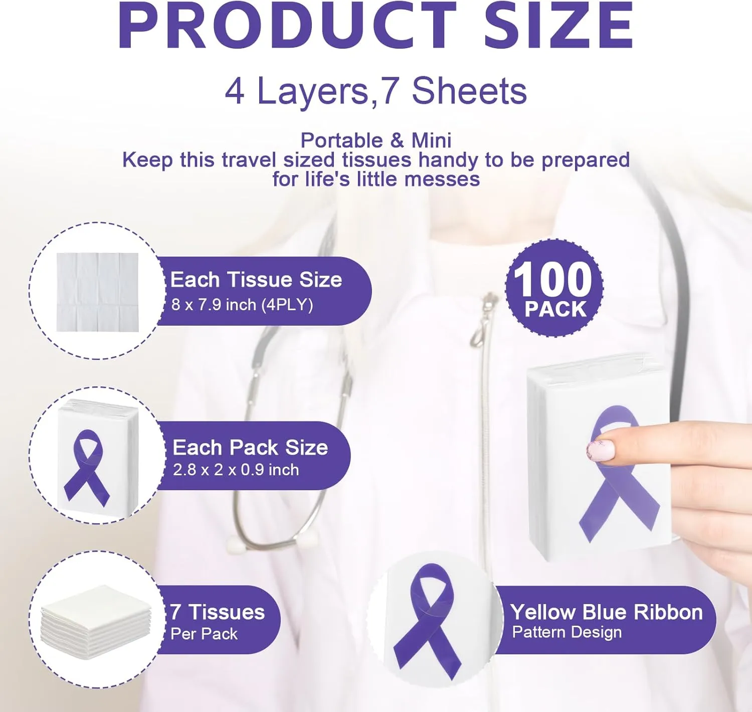 36 Pack Cancer Awareness Ribbon Pocket Tissues Domestic Violence Purple Ribbon Awareness Facial Tissue Mini Type Pocket Packs Tissues for Charity Recognition Public Event Souvenir Gifts
