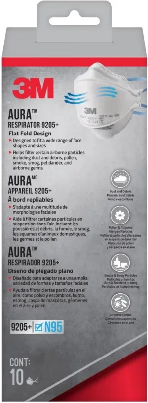 3M Aura Particulate Respirator 9205  N95, Lightweight, Three Panel Designed Respirator Helps Provide Comfortable And Convenient Respiratory Protection, 10-Pack