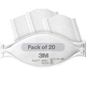 3M Aura Particulate Respirator 9205 , N95, Pack of 20 Disposable Respirators, Individually Wrapped, 3 Panel Flat Fold Design Allows for Facial Movements, Comfortable, NIOSH Approved, Smoke
