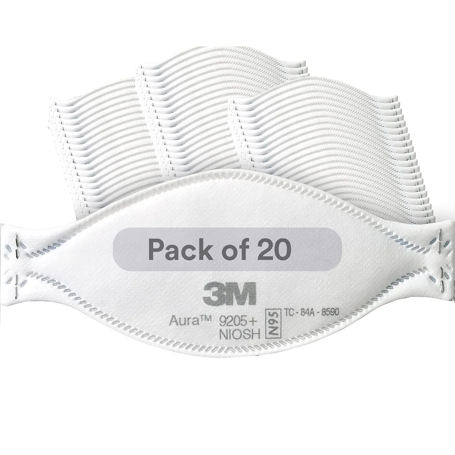 3M Aura Particulate Respirator 9205 , N95, Pack of 20 Disposable Respirators, Individually Wrapped, 3 Panel Flat Fold Design Allows for Facial Movements, Comfortable, NIOSH Approved, Smoke