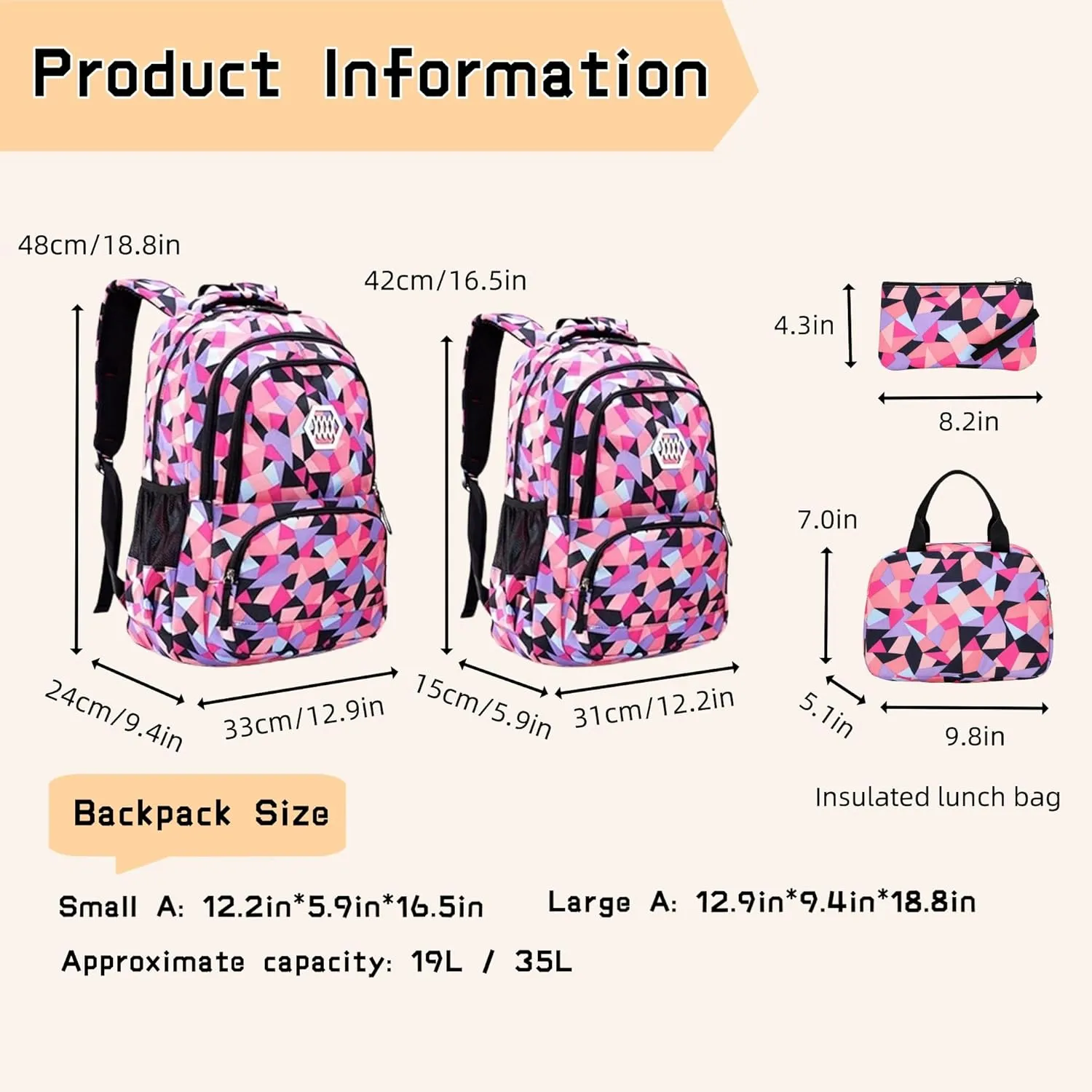 3Pcs Geometric Print School Backpack and Lunchbox Set for Girls, School Bag Girls Backpack for School Elementary Bookbags