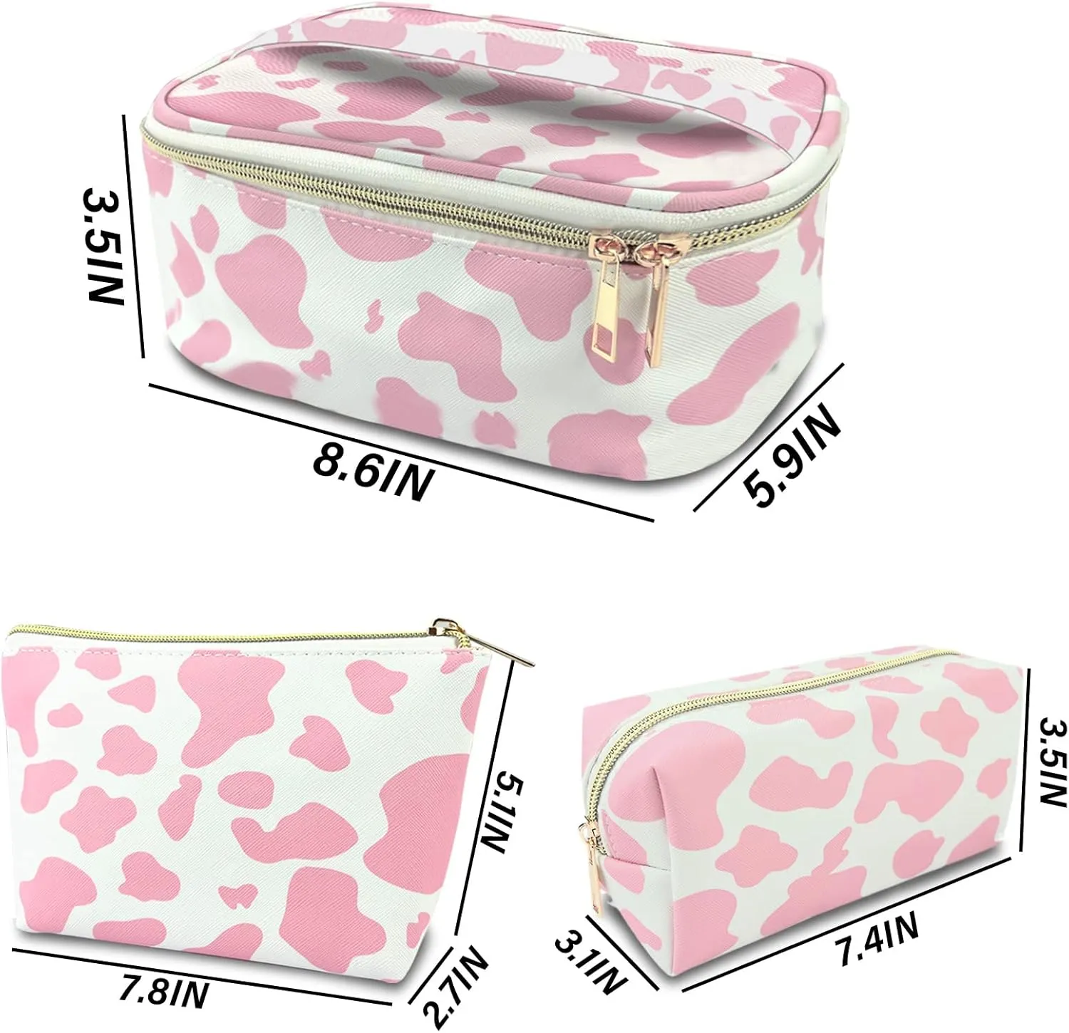 3Pcs Makeup Bag,Travel Makeup Bag,Makeup Bags for Women,Makeup Brush Bag,Large Capacity PU Cosmetic Bag,Waterproof and Durable-Pink Cow Pattern