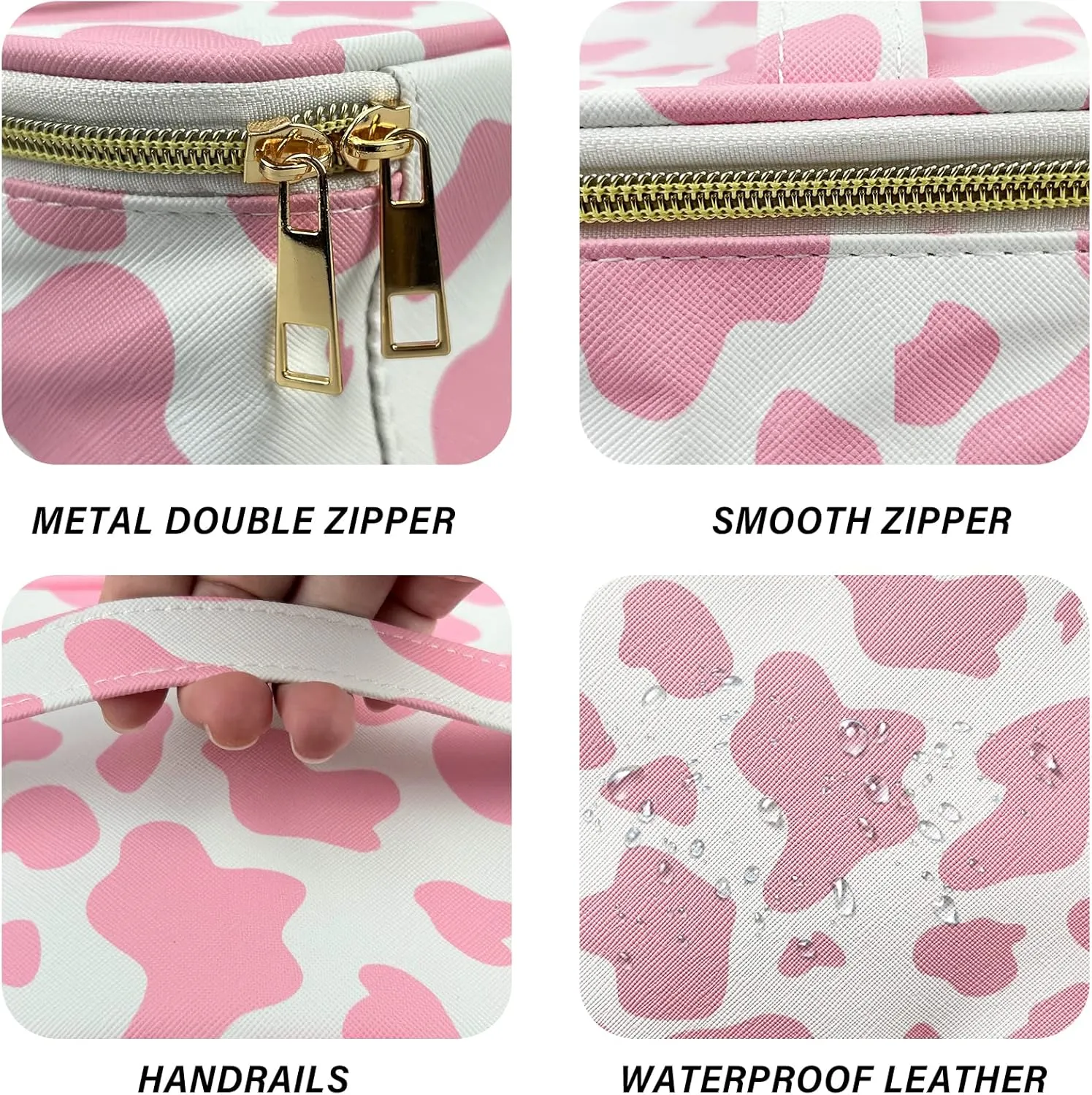 3Pcs Makeup Bag,Travel Makeup Bag,Makeup Bags for Women,Makeup Brush Bag,Large Capacity PU Cosmetic Bag,Waterproof and Durable-Pink Cow Pattern
