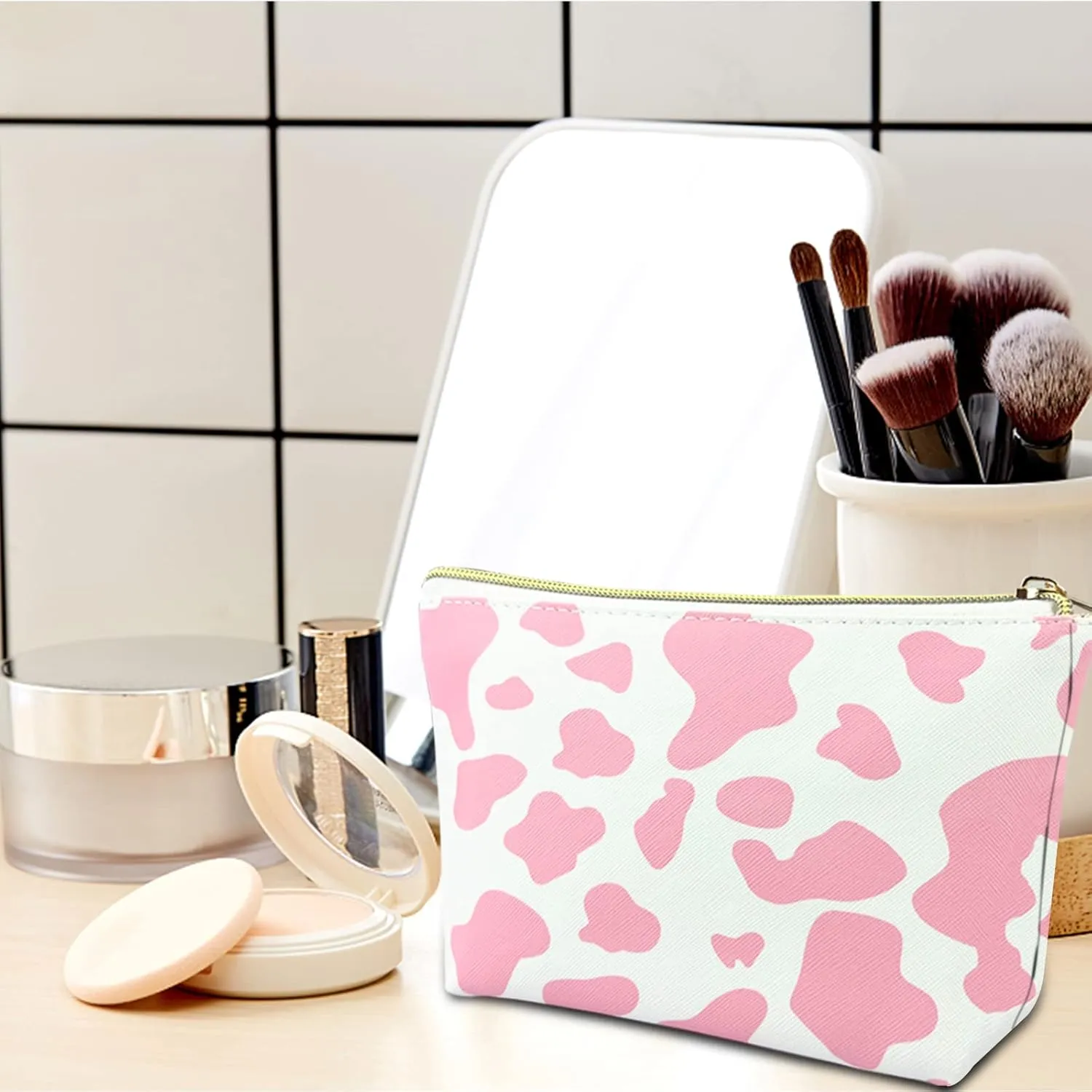 3Pcs Makeup Bag,Travel Makeup Bag,Makeup Bags for Women,Makeup Brush Bag,Large Capacity PU Cosmetic Bag,Waterproof and Durable-Pink Cow Pattern